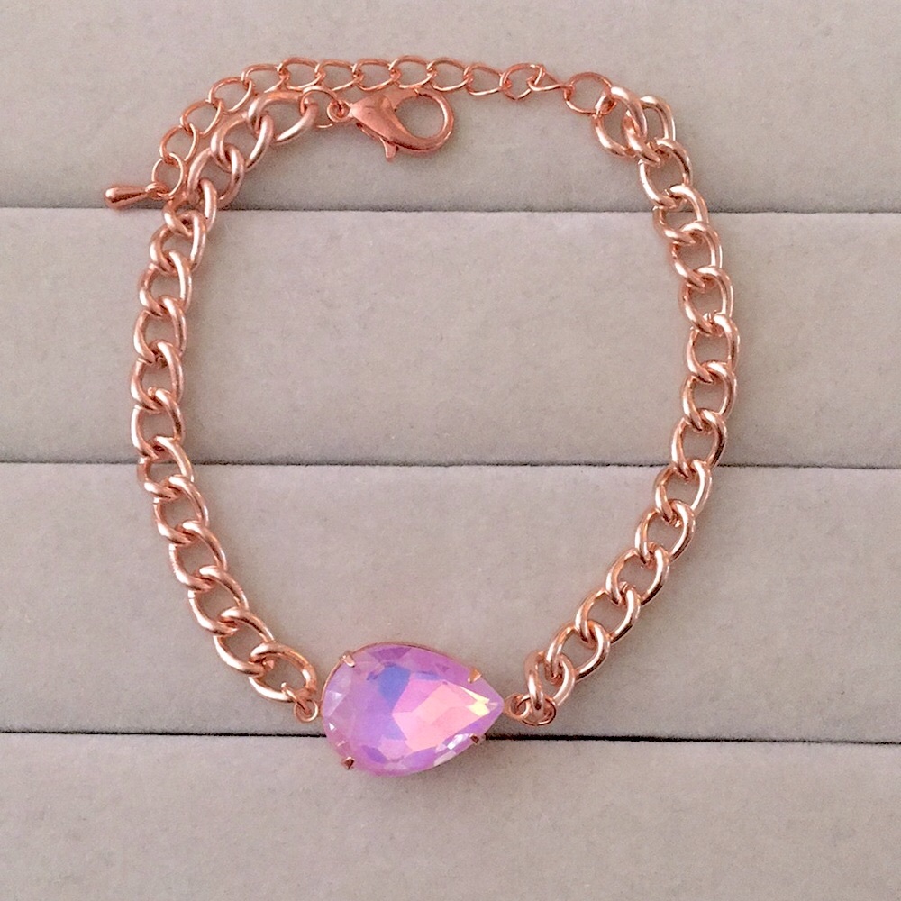 Pink Purple Opal Aurora Borealis Crystal Pear + Rose Gold Chain Bracelet